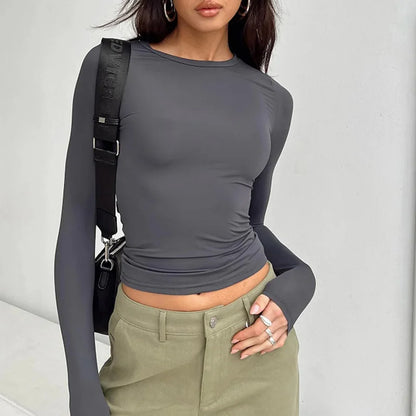 2024 Spring Autumn Women Y2K Pink T-Shirt Causal Long Sleeve Crop Tops O Neck Pullovers Base Tees Bodycon Slim Fit T Shirt